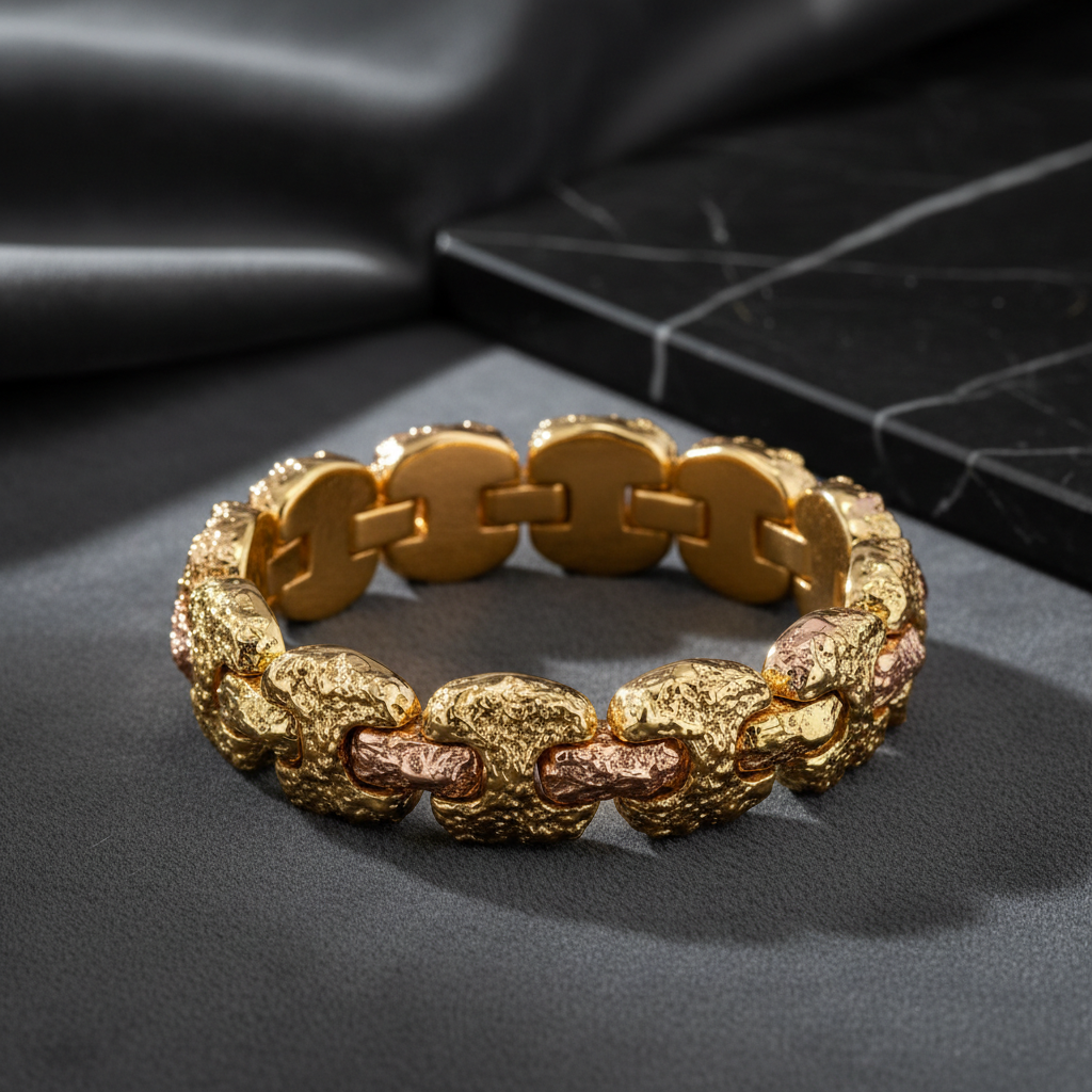 Nugget Solid White/Yellow/Rose Gold Handmade Bracelet , 25mm, 6.5-10 Inch