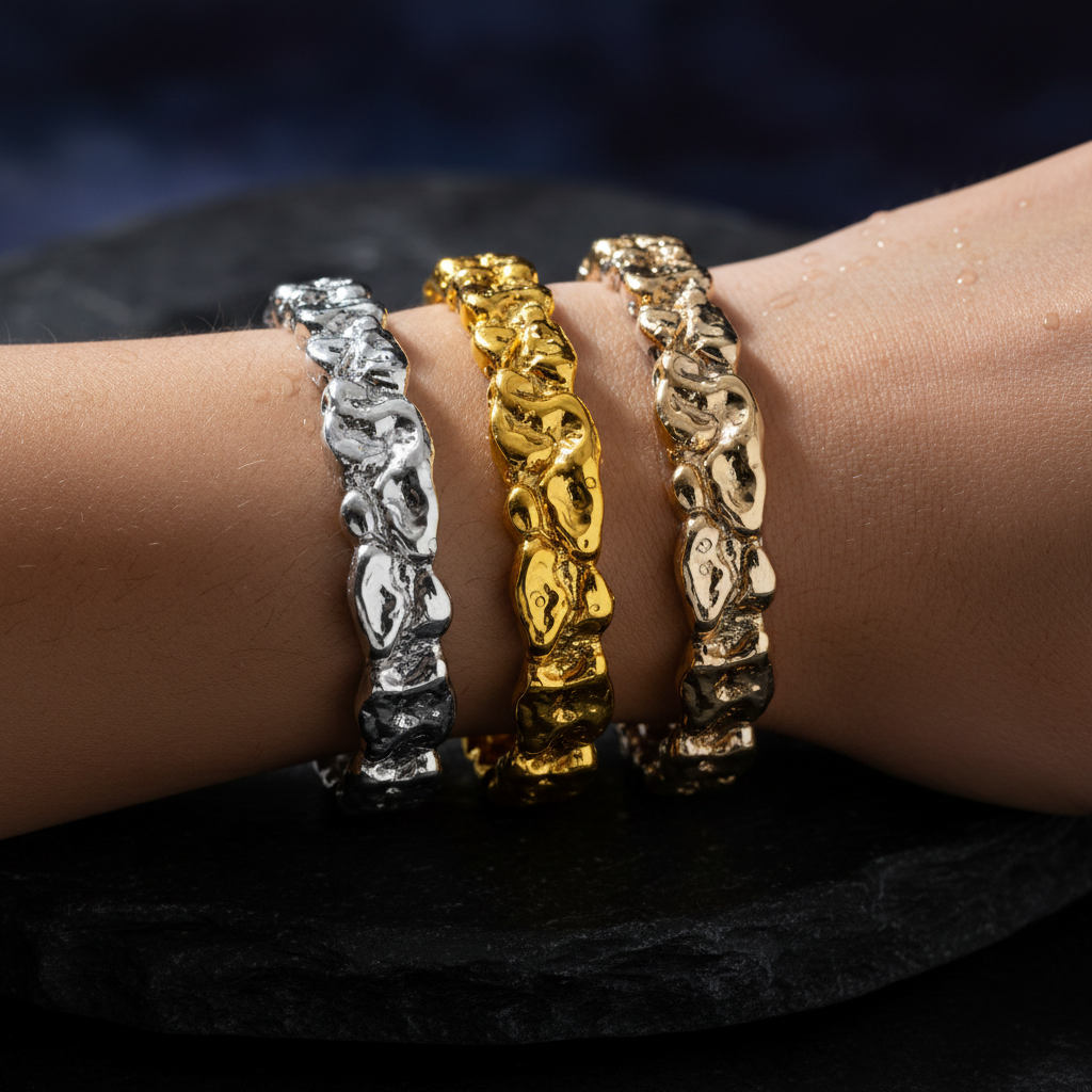 Nugget Solid White/Yellow/Rose Gold Handmade Bracelet , 25mm, 6.5-10 Inch